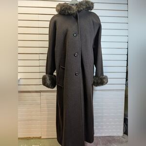 Mario de Pinto Vintage Ladies 100% Wool Hooded Trench Coat with Faux Fur XL EUC